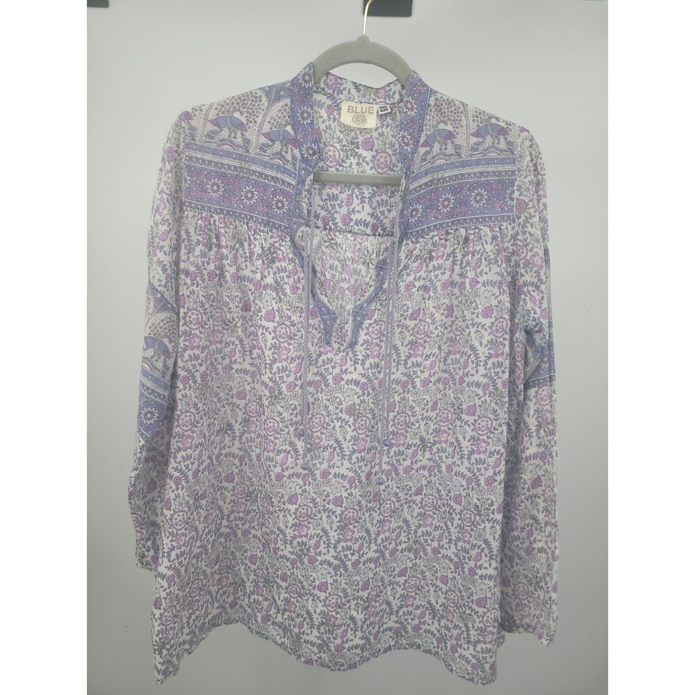 Blue Floral Cotton Shirt One Size Bohemian Indie Cottagecore Boho Beachy